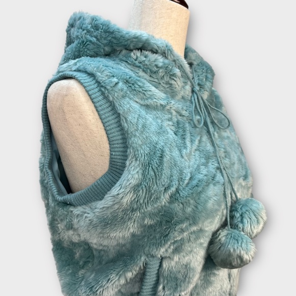 Vintage Y2K Wet Seal Faux Fur Vest Women M Winter Hoodie Plush Zip Pom Poms Cozy - Picture 2 of 14